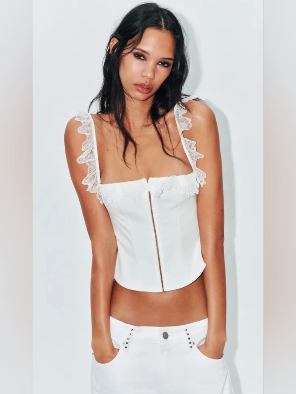 Zara NWT White Lace Corset Top Hook & Eye Bustier Size Medium (0347/332)